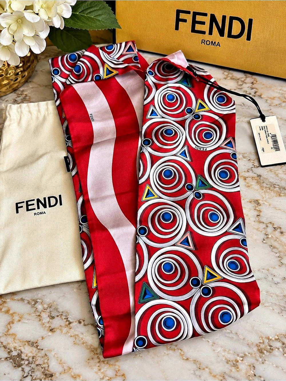 Fendi Red Geometric Silk Bandeau Twilly Scarf w/ Dust Bag NWT